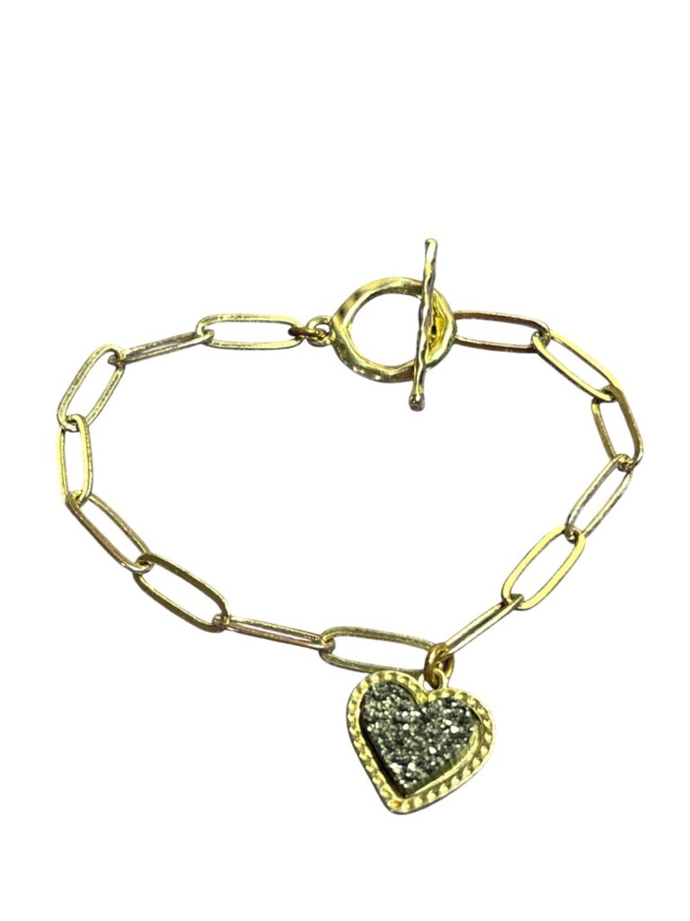 Vintage Goldtone Paperclip Chain Bracelet Grey Faux Druzy Heart Charm 7 inches